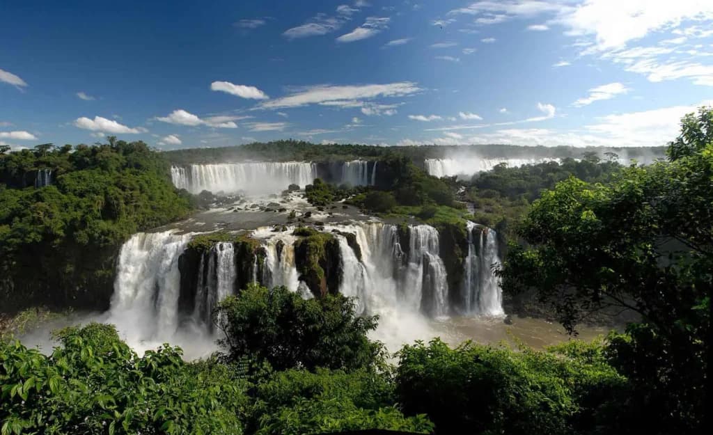Panoramic view of Iguazu Falls with multiple cascades under a blue sky