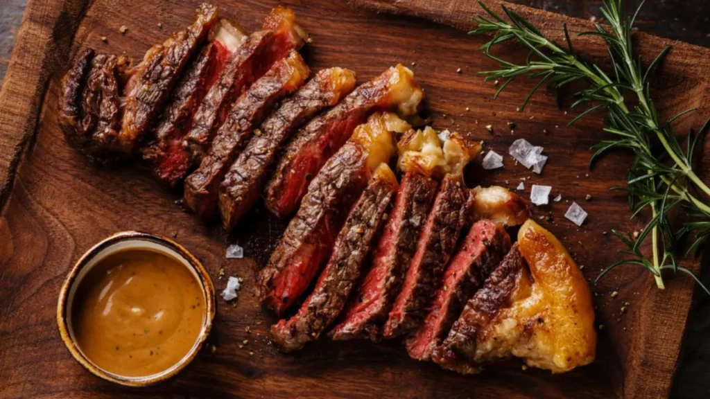 Sliced premium steak served on a wooden board with rosemary and dipping sauce