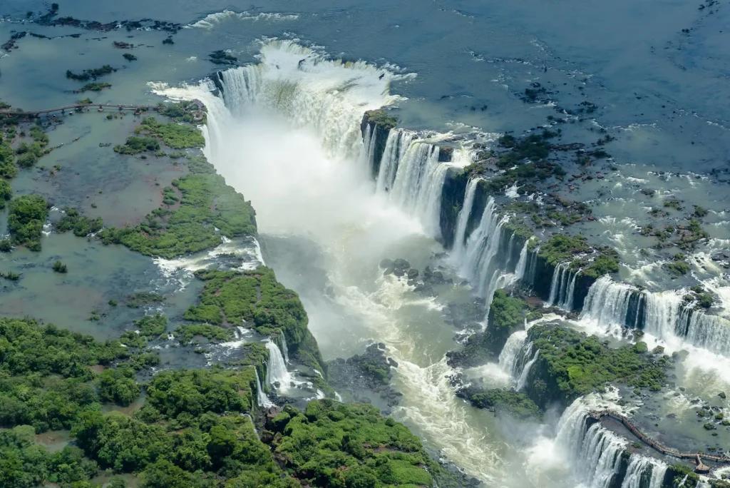 Breathtaking aerial view looking down into the U-shaped Devil's Throat at Iguazu Falls
