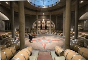 Interior of an elegant circular wine cellar filled with oak barrels and intimate lighting
