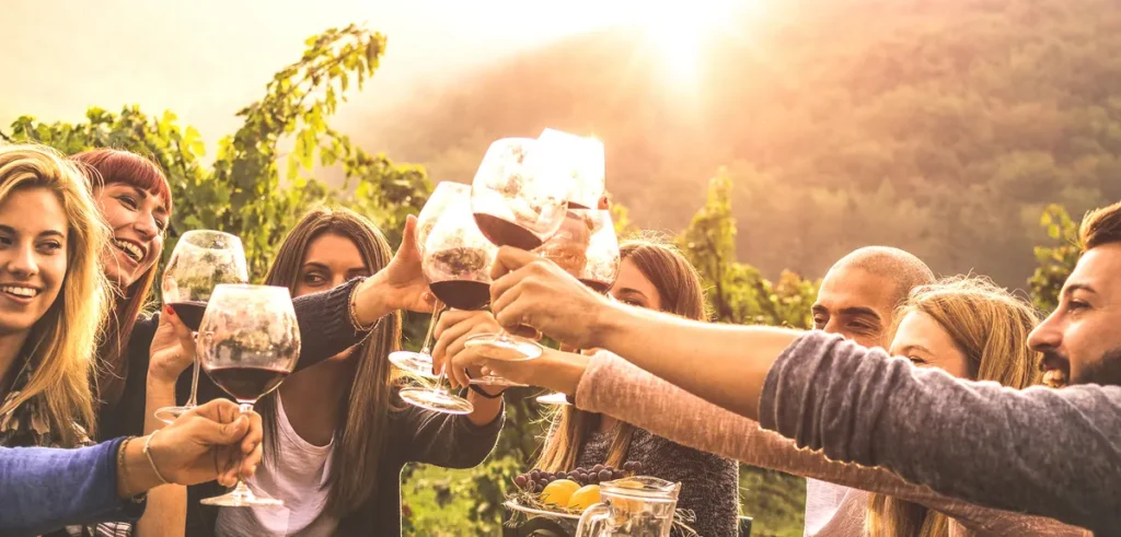 Group of friends laughing and toasting with red wine glasses in a sunny Mendoza vineyard