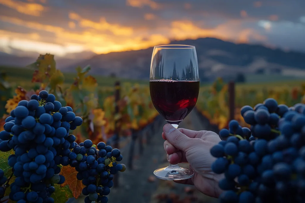 Hand holding a glass of red wine against a breathtaking sunset over the Mendoza vineyards with ripe grapes in view