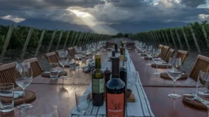 Elegant long dining table set outdoors between vineyard rows at twilight with wine bottles and mountain views