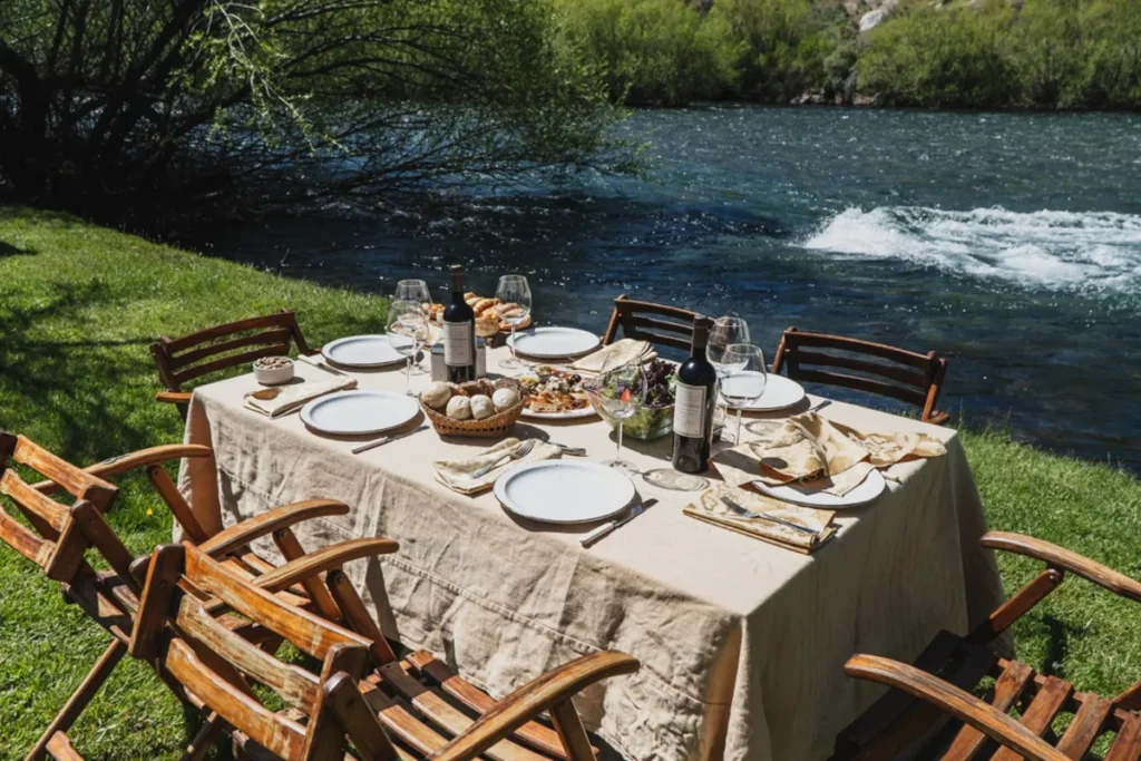 Elegant dining table set with food and wine on the grassy bank of a river in Patagonia