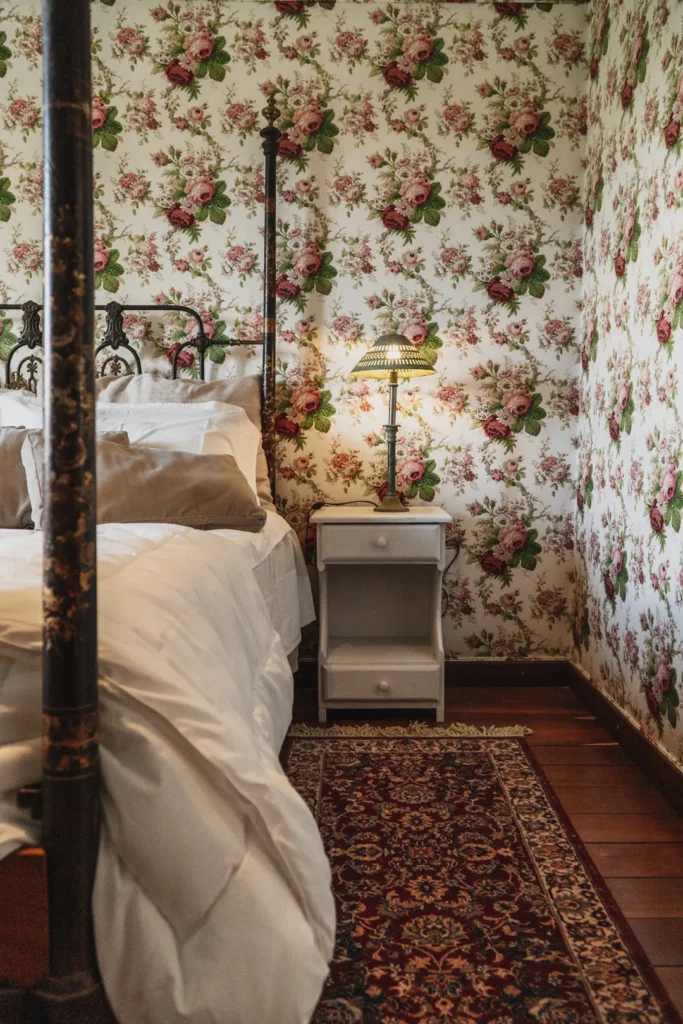 Cozy bedroom interior with floral wallpaper and vintage furniture in a Patagonia fishing lodge